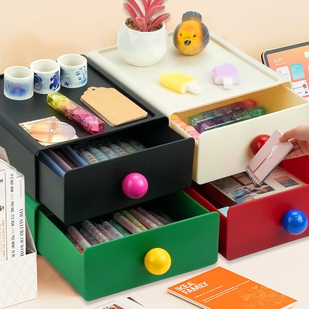 4Pcs Desk Organizer, FHDUSRYO Stackable Desktop Storage Box with Drawer, Larg...