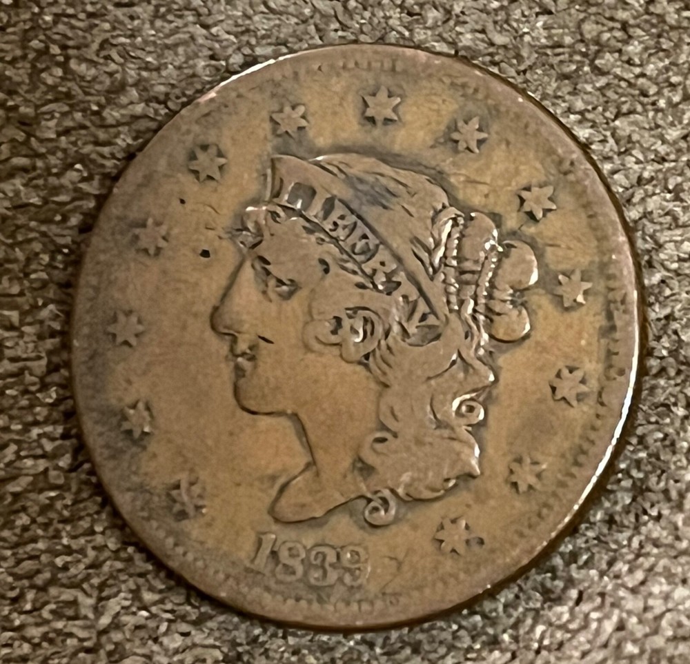 1839 Booby head large cent , Fine, Scarce !