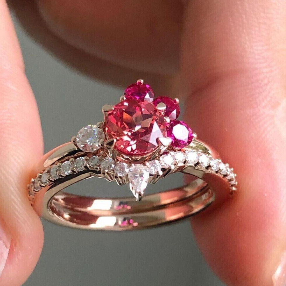 Women's Lab Created Ruby & Diamond Classic Wedding Bridal Set Ring 925 Silver