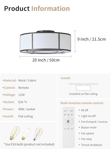 Caged Ceiling Fans with Lights Flush Mount, Low Profile Ceiling Fan with Black