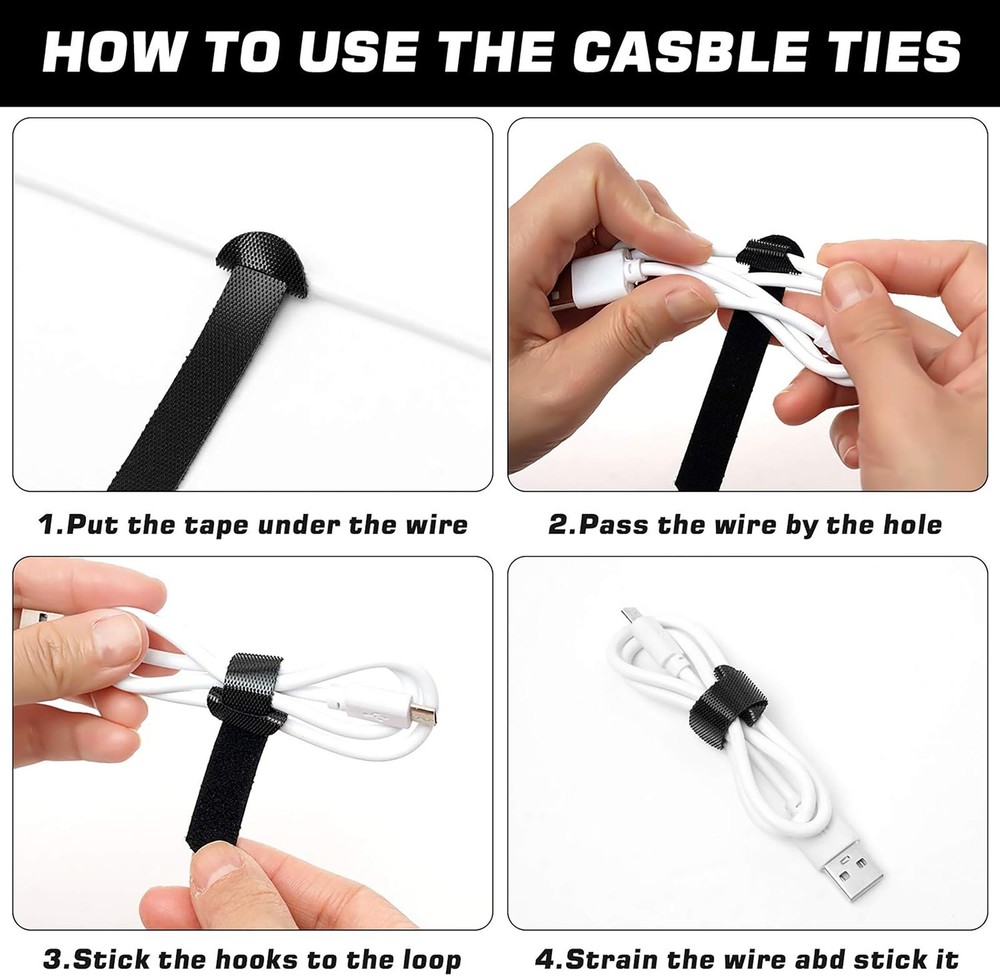 500 PCS Black Hook & Loop Ties-Wire Cord Fastening Straps Reusable