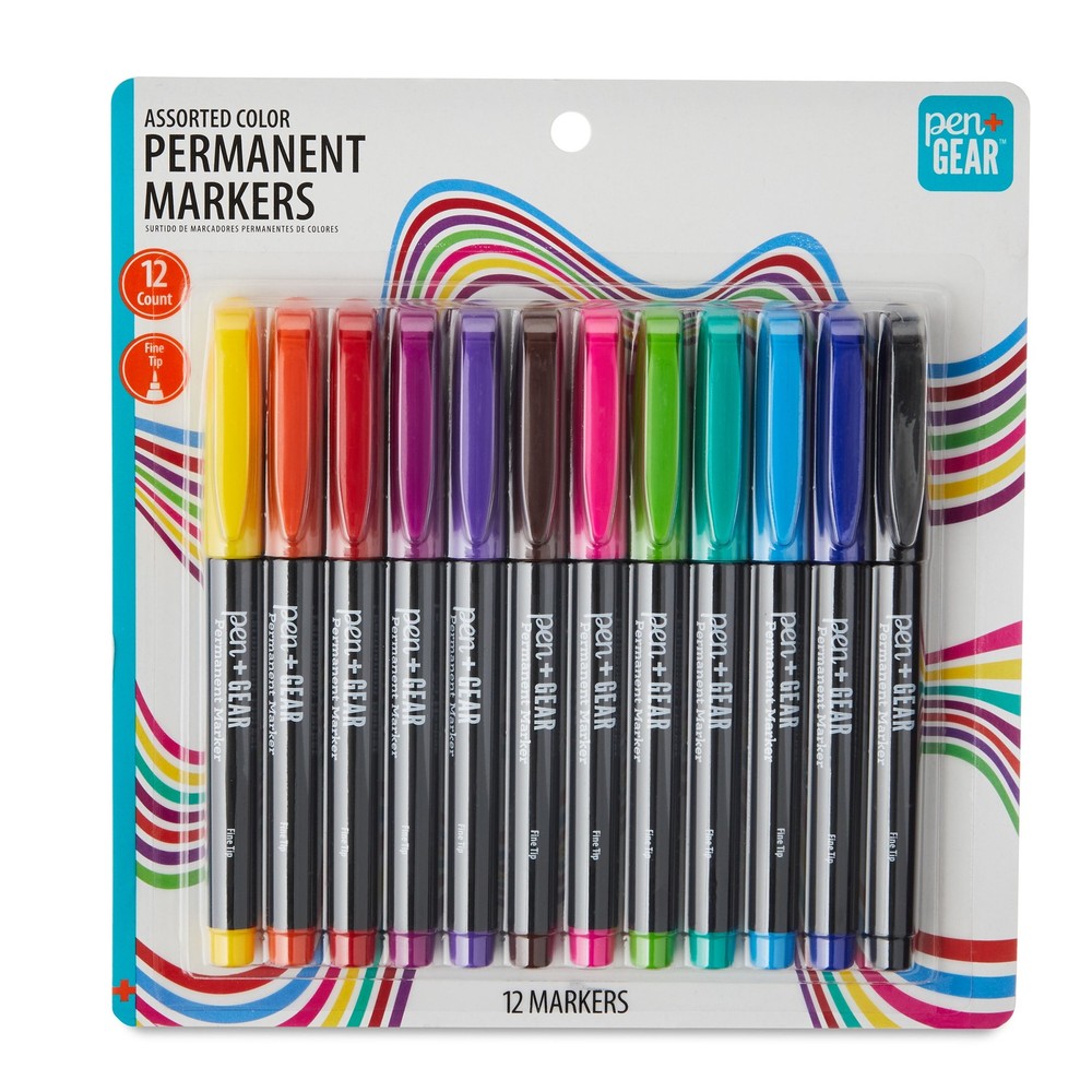 Pen+Gear Permanent Markers, Fine Tip, Assorted Colors, 12 Count