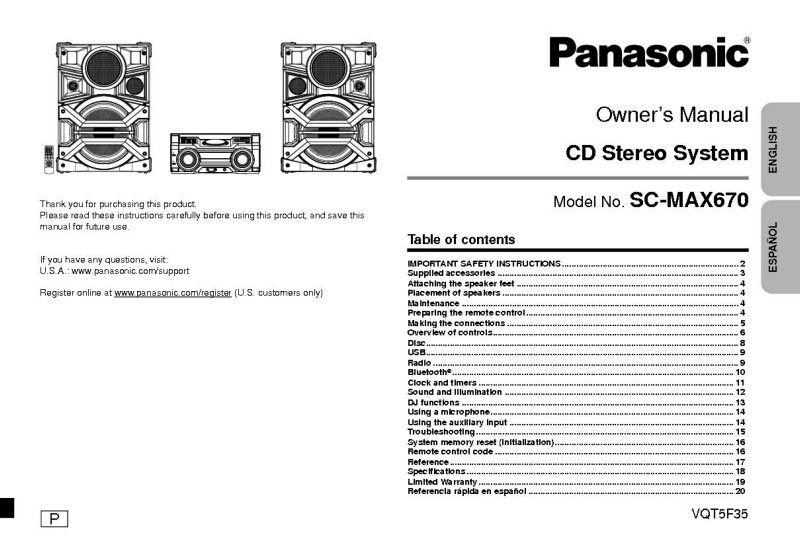Panasonic SC-MAX670 CD Stereo System Owners Instruction Manual