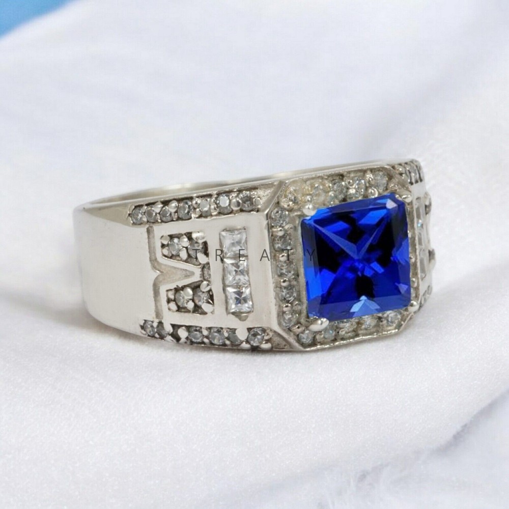 Blue Sapphire Emerald Cut Gemstone With 14K Solid White Gold Ring For Men's #813