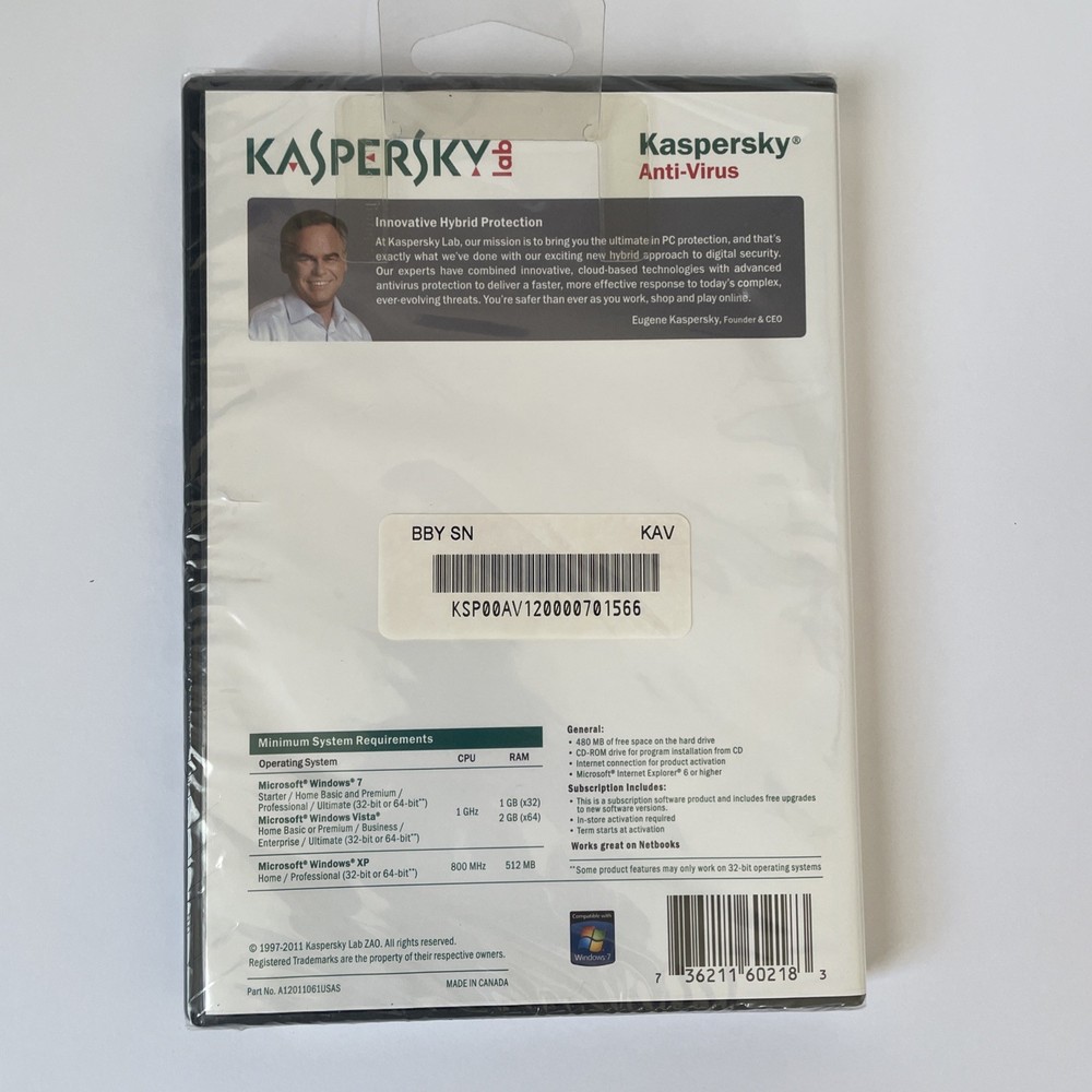 KASPERSKEY Lab Anti-Virus Protection PC Computer Security Software NEW & SEALED