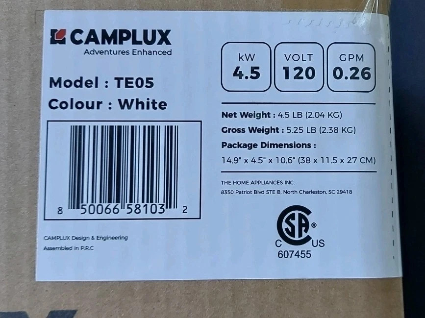 Camplux 4.5Kw Electric Tankless Water Heater Instant Hot Water, Led Display TE05