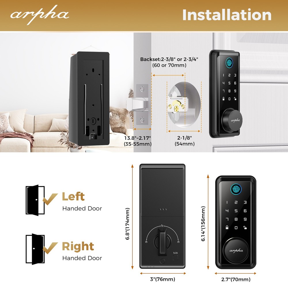 ARPHA Security Keyless Smart Door Lock 100Code Fingerprint Keyless Bluetooth APP