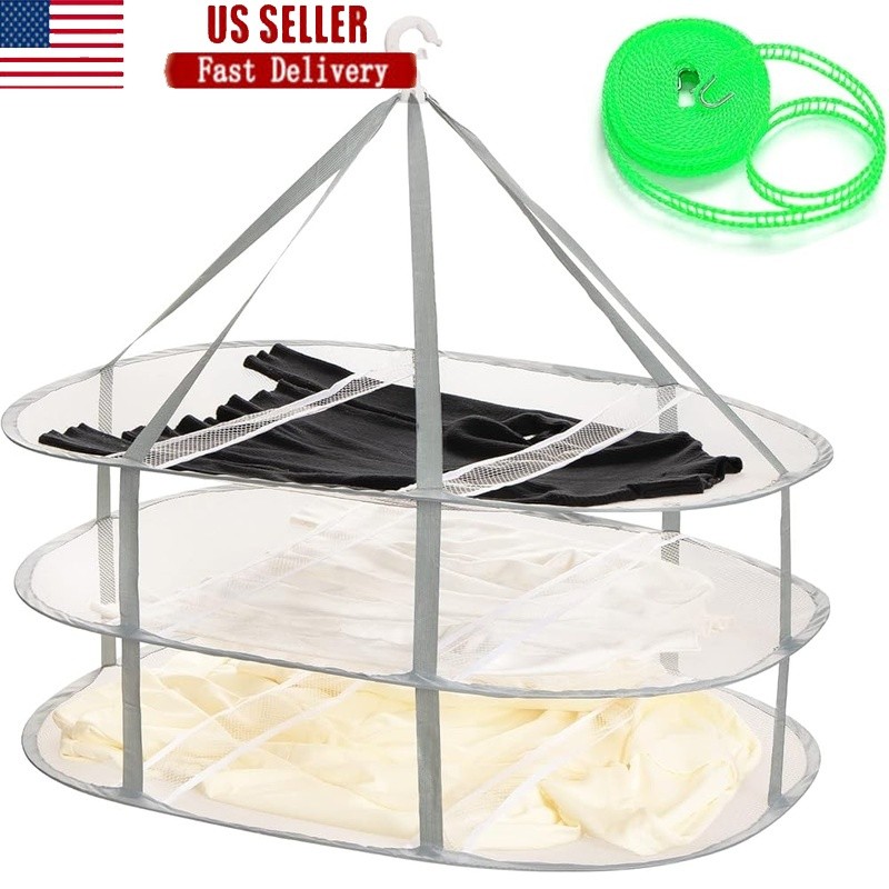 3 Layer Portable Hanging Drying Rack Foldable Clothes Dryer W/ Rotating Hooks US