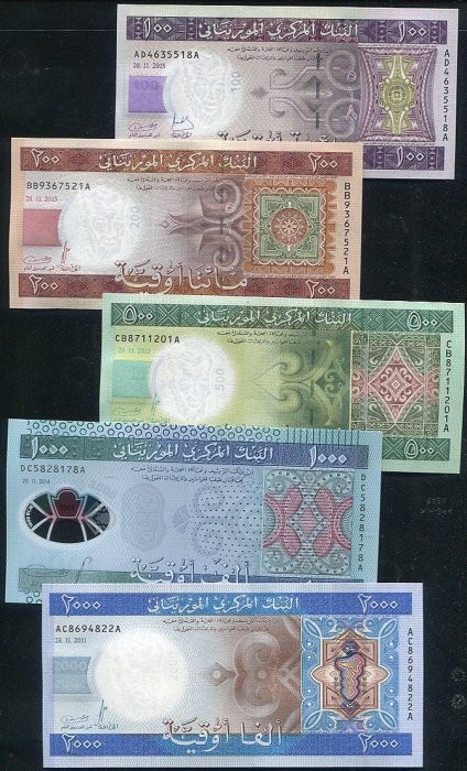 Mauritania  5 notes set ，100-2000 OUG.,2011-15 UNC