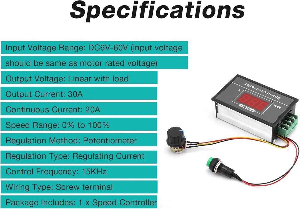 Versatile PWM DC Motor Speed Controller 6-60V with LED Display & Stepless Con...