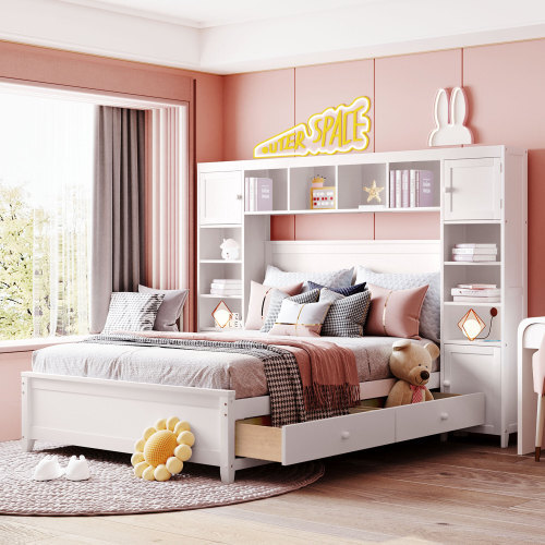 Solid Wood Platform Bed Frames with Storage Drawers All-in-One Cabinet and Shelf