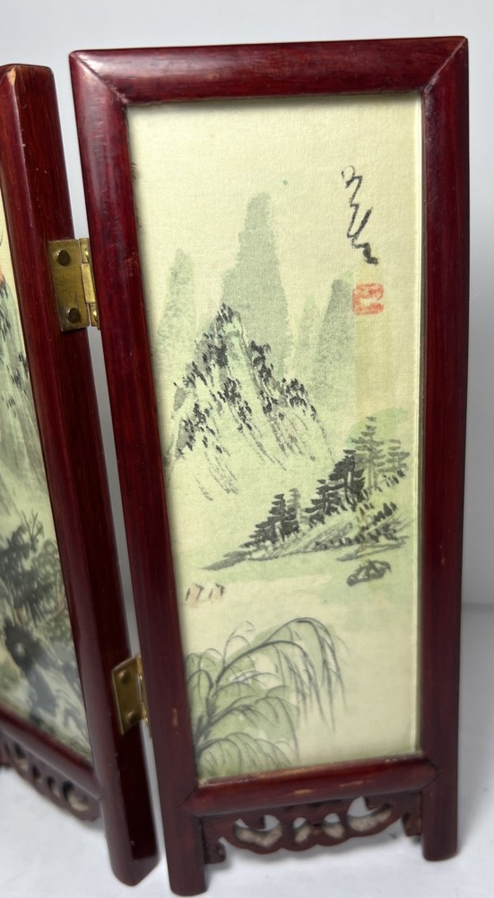 Oriental Style 4-Panel Double Sided Tabletop Folding Screen w/ Glass Panels
