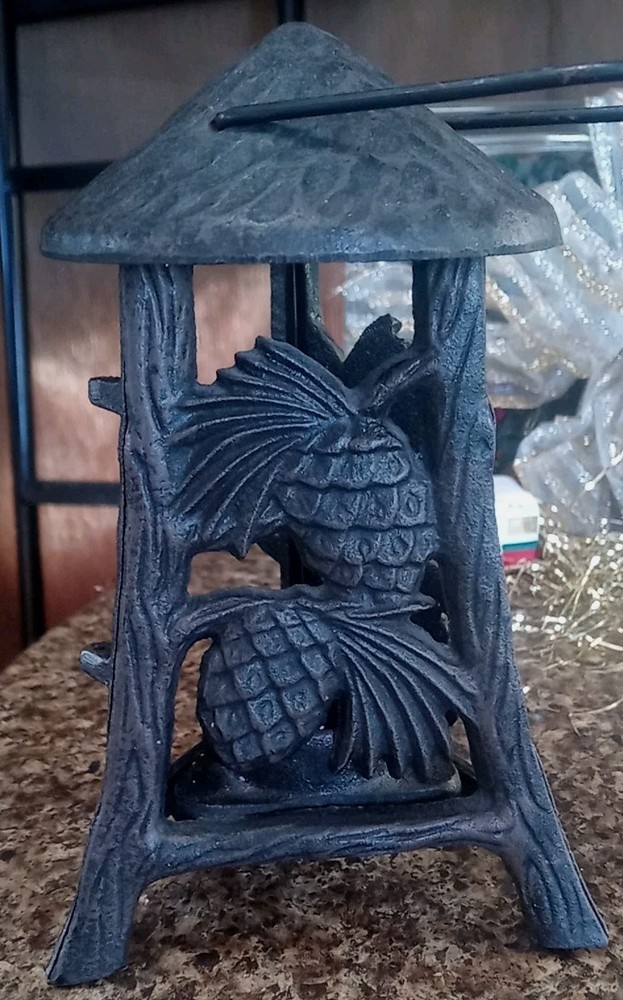 Cast Iron Triangular Votive Tealight Candle Holder / Lantern Pinecone Design