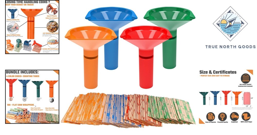 Coin Sorting Tubes Bundle – 4 Color-Coded with 100 Wrappers Included