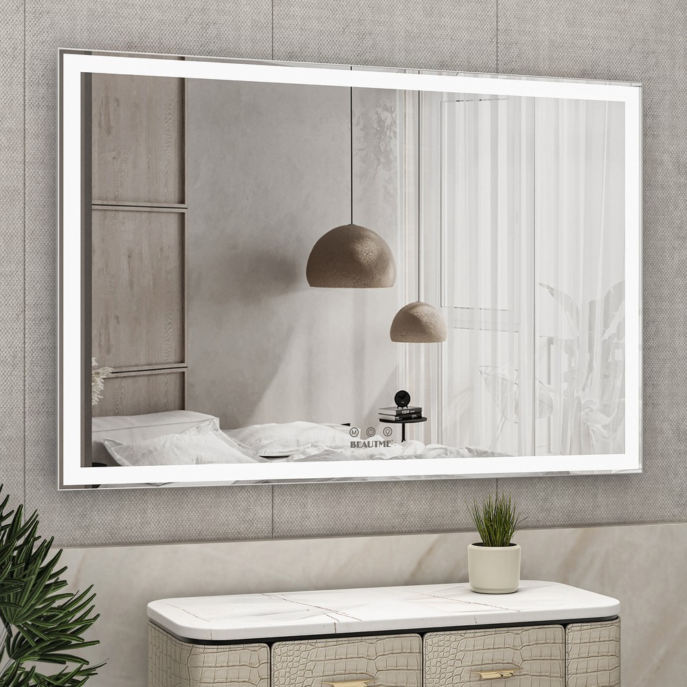 60"x40" LED Rectangle Bathroom Mirror Mirror Wall Mounted Silver Aluminum Frame