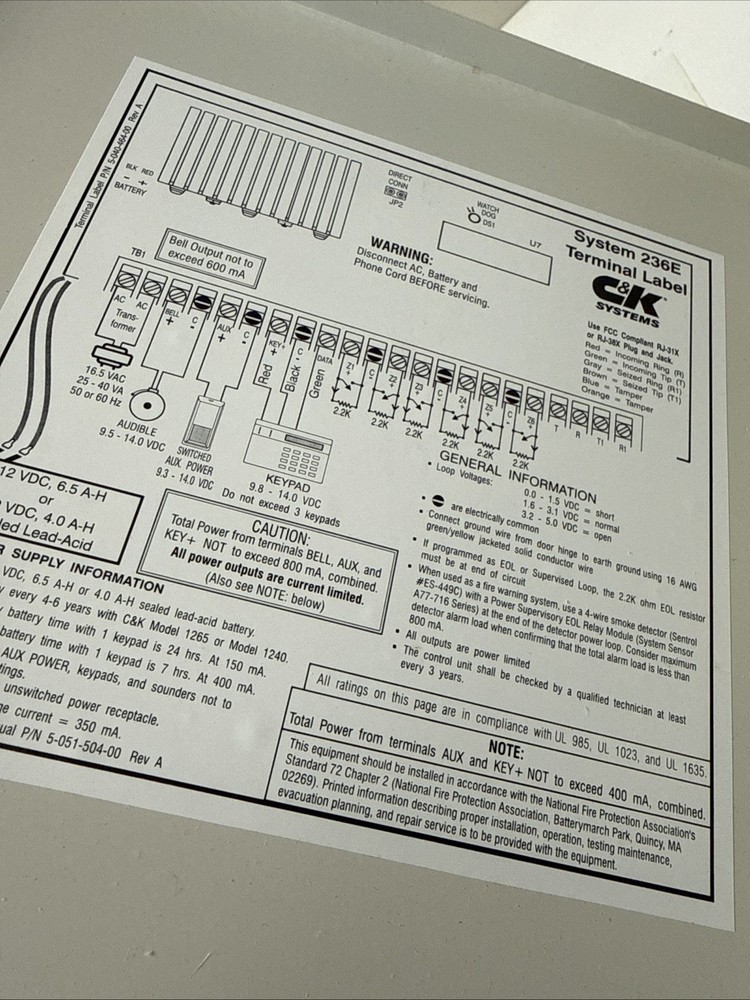 C&k Systems MASADA 236e Control Alarm Panel C & K