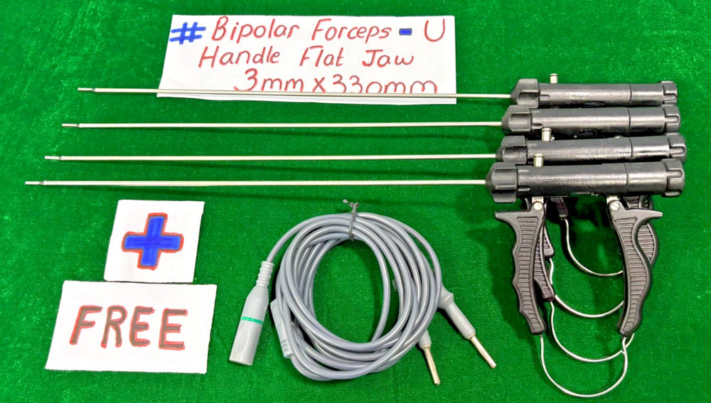 4pc Laparoscopic Bipolar Forceps U Handle Flat Jaw 3mmx330mm (with Cable)