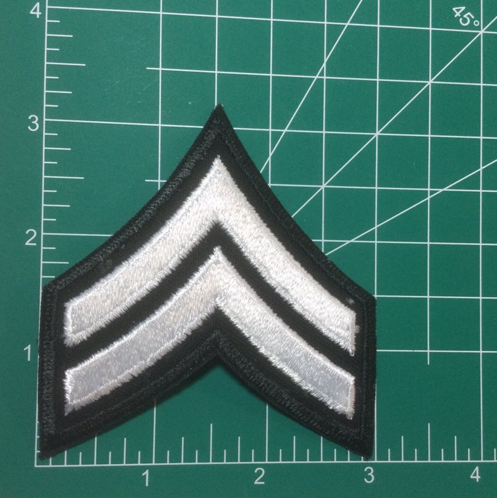 (2) Corporal Chevron Patch 3" size - 2 stripes - White on Black
