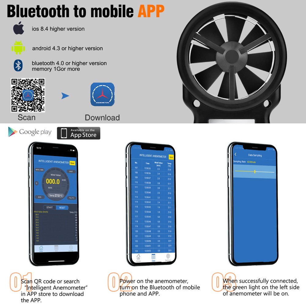 Bluetooth Anemometer Digital LCD Wind Speed Meter Gauge Temperature Tester