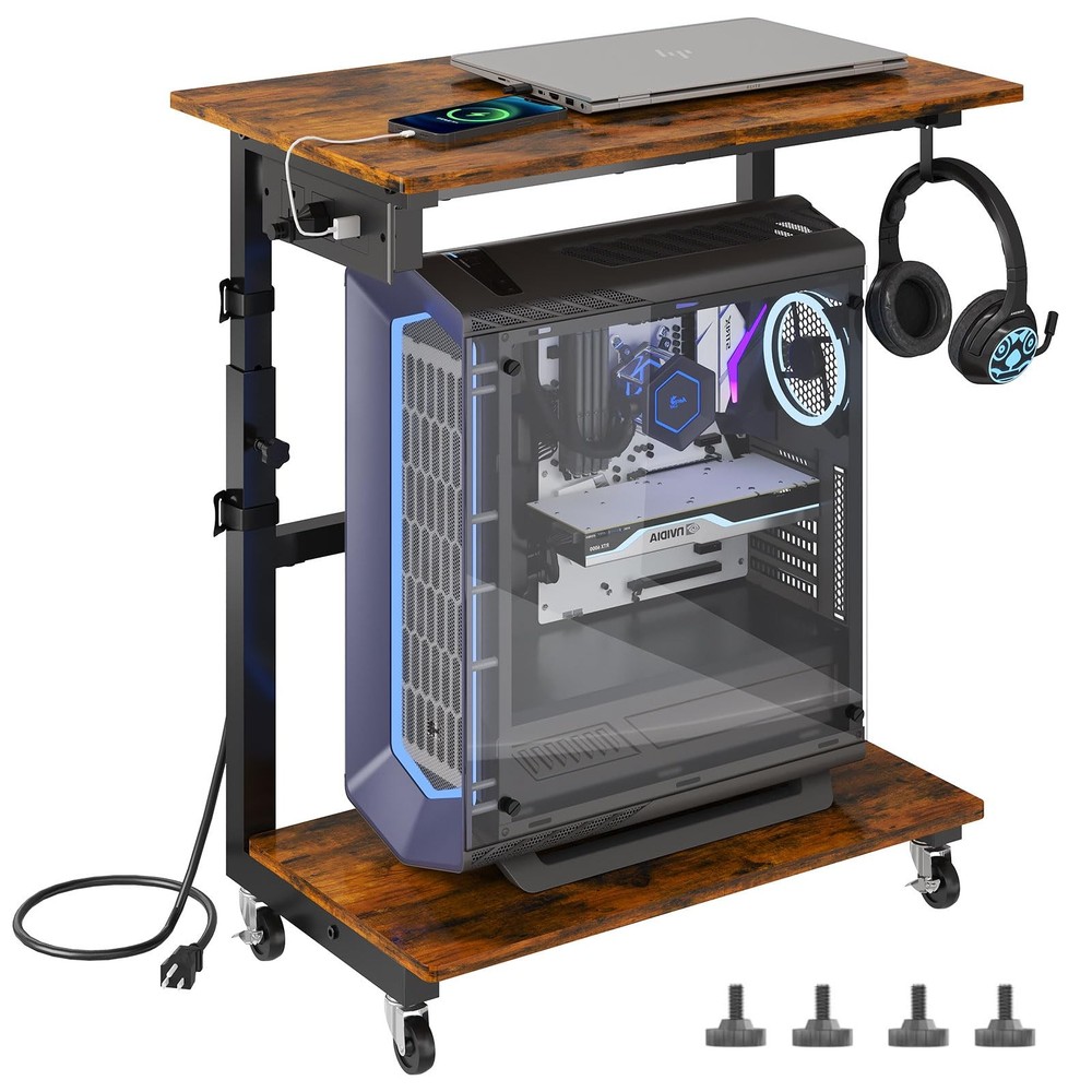 2-Tier Computer Tower Stand with Power Outlet, Height Adjustable PC Tower Sta...