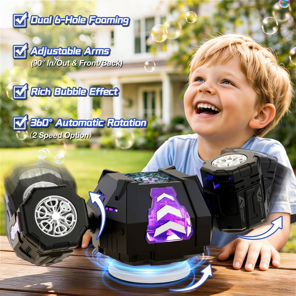 Rechargeable Bubble Machine, 360° Automatic Rotation Bubble Machine for Kids,...