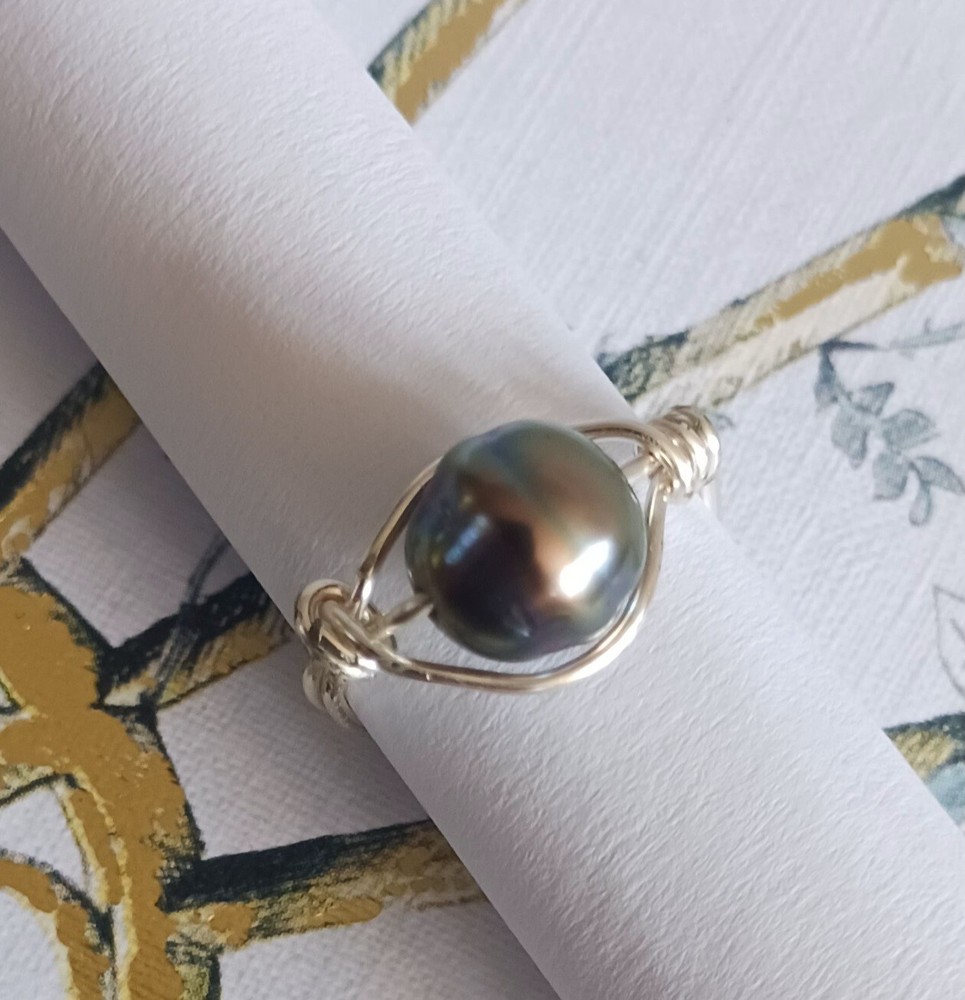 Tahitian Pearl Wire Wrap Ring 8mm Size 4 Authentic Silver Wire Handmade