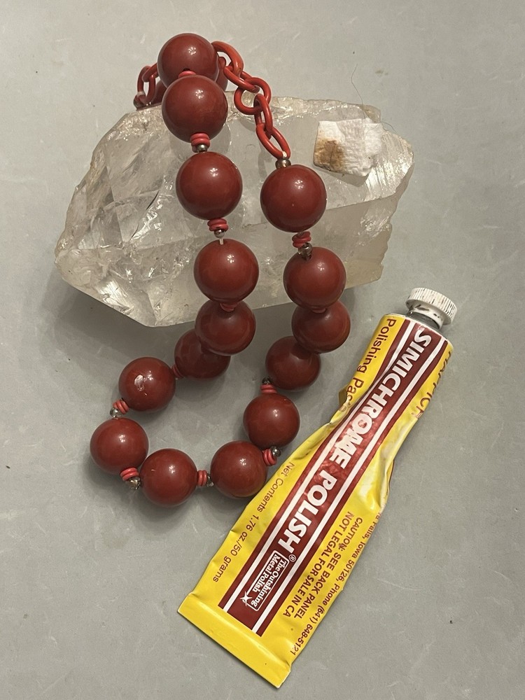 Vintage Red Lightly Marbled Bakelite Beaded & Celluloid Chain 20" Necklace