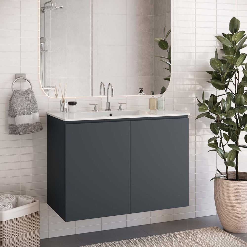 Modway Bryn 36" Wall-Mount Bathroom Vanity in Gray White