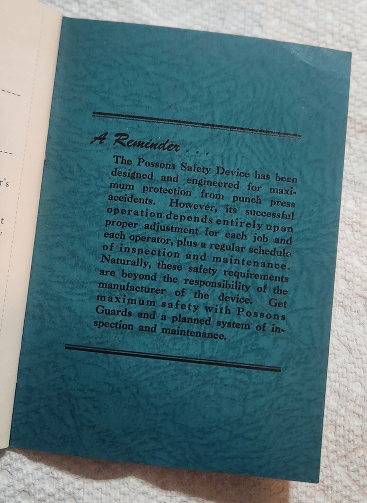 1959 & 1968- Possons Pullback Safety Devices Maintain Adjust Die Setting Manual