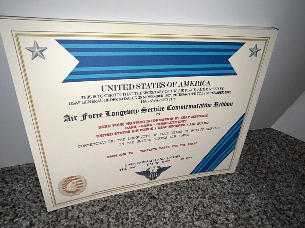 U.S. AIR FORCE LONGEVITY RIBBON COMMEMORATIVE CERTIFICATE ~ W/PRINTING TYPE-1