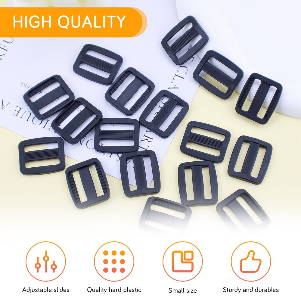 100 PCS 0.79" Black Plastic Tri-Glide Slides Button for Belt Backpack Bags