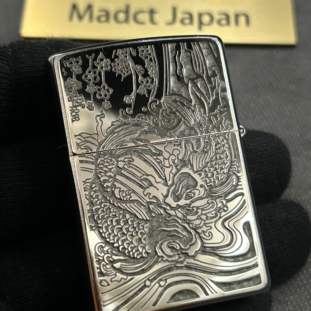 Zippo Climb Carp Japanese Pattern Black Silver 2 Sides Etching Lighter Japan