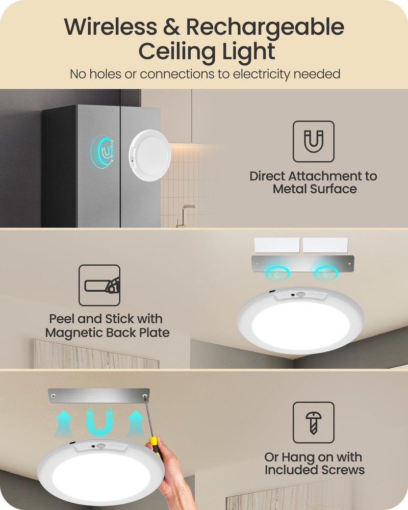 Rechargeable Motion Sensor Ceiling Light with 1 Pack, 3 Color Temperatures