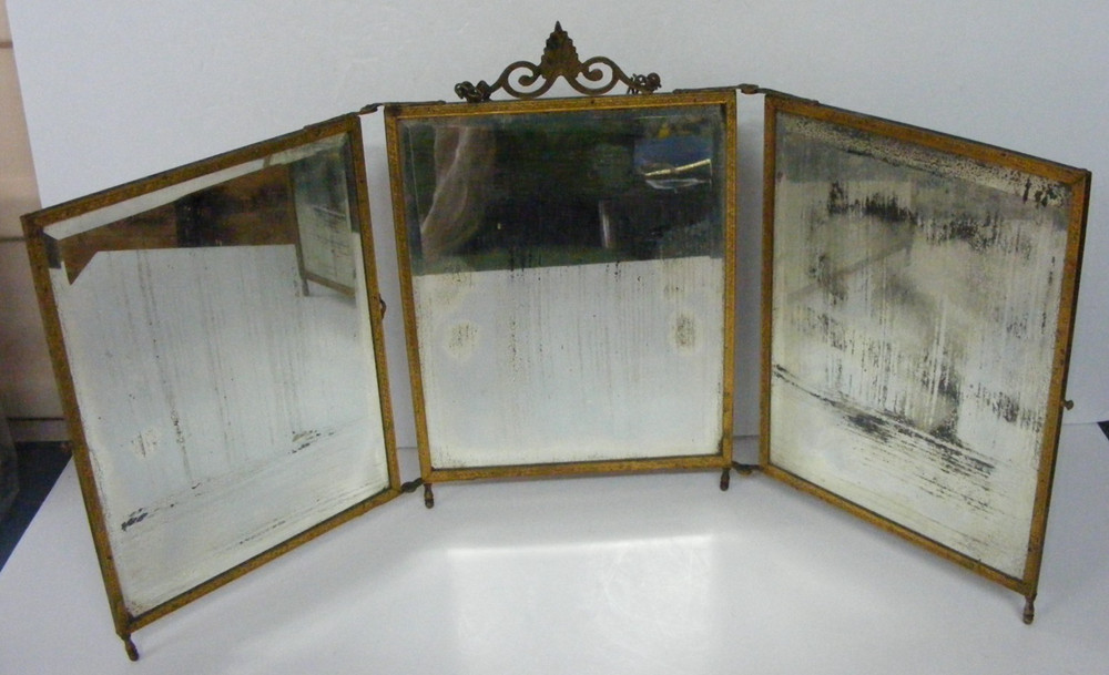 Vintage 1920's Hinged Triple Mirror for Dressing Table Brass & Leather Tooled