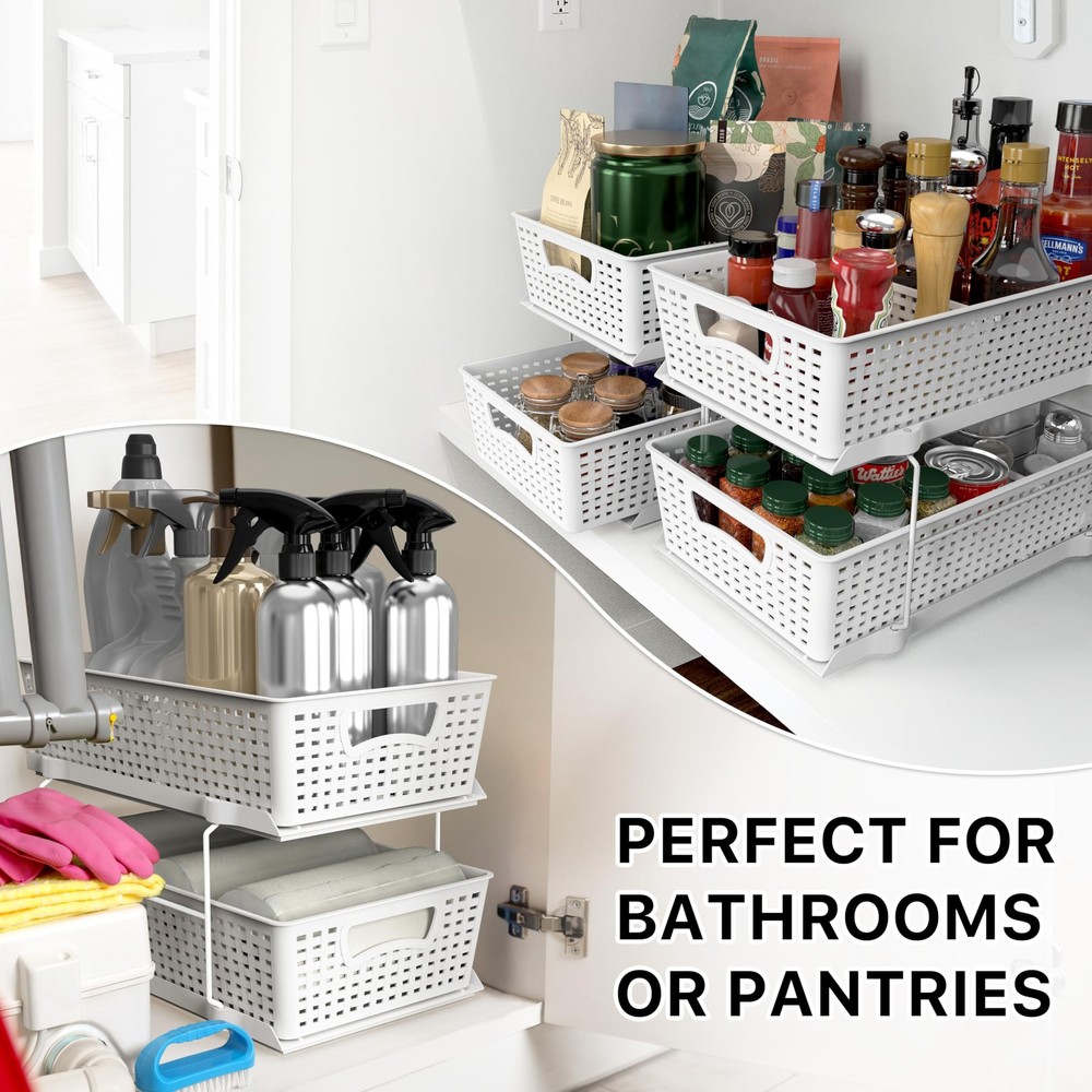 2 Tier Bathroom Organizer Tray Pull-Out Sliding Drawer, Under Sink Storage, W...