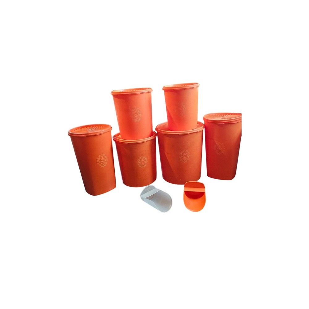 14 piece vintage orange Tupperware canisters- 6 complete and 2 scoops