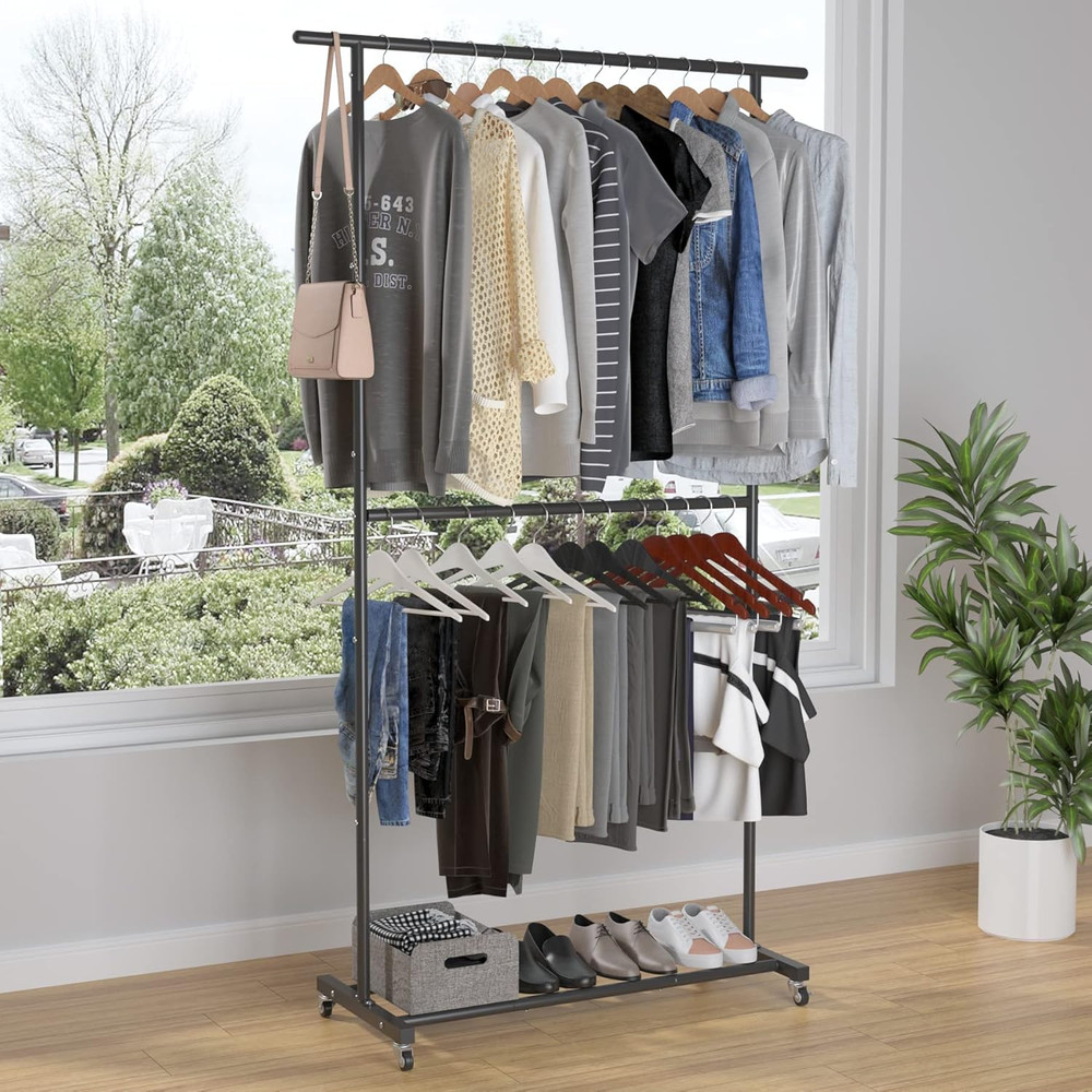 Double Rod Garment Rack Rolling Clothes Organizer Adjustable Metal On Wheels