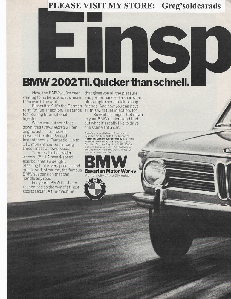 Original 1972 BMW 2002 two page vintage print ad:  "Einspritzer."