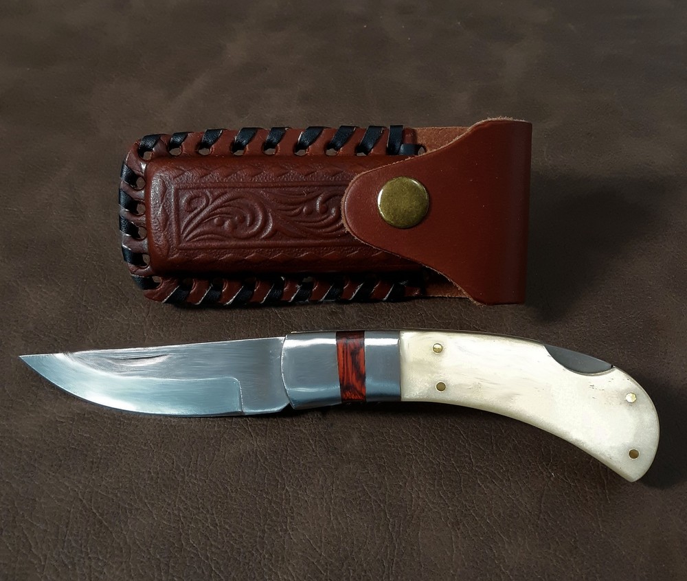 Real Bone Handle Lockback EDC Folding Pocket Knife w/Leather Sheath