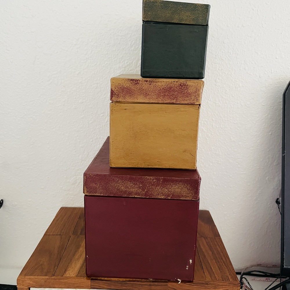 Primitive Farmhouse Rustic AGED STACKING BOXES Recipes Matches Tea 3 decorative