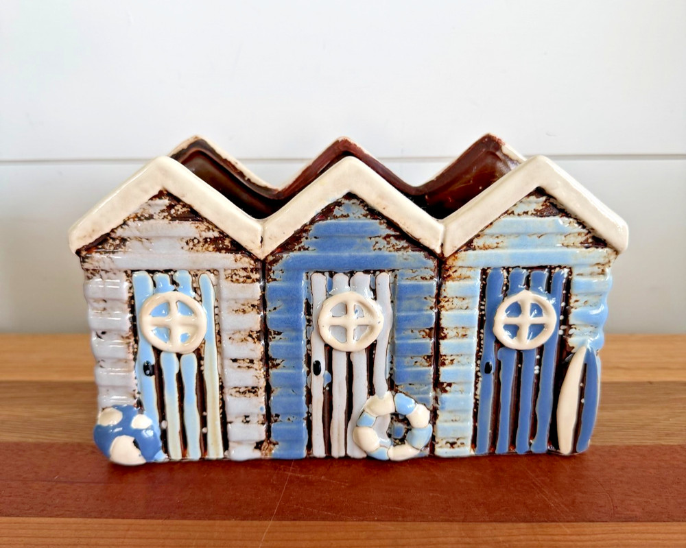 Triple Beach Hut Decorative Planter Ceramic Blue