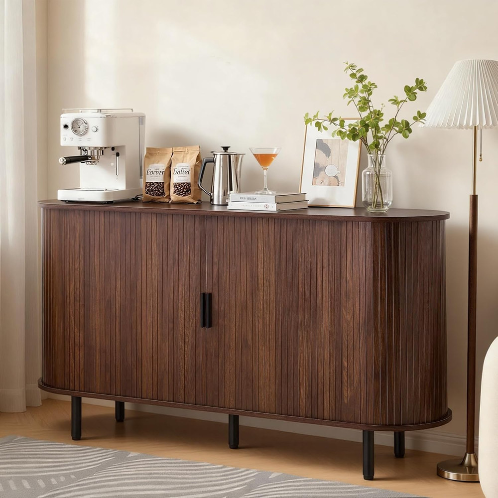 Mid Century Coffee Bar Cabinet with Storage & Sliding Doors, Walnut