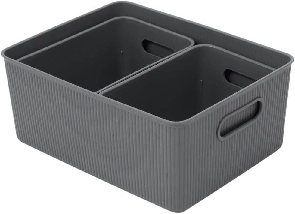 Ribbed Plastic Open Storage Bins Organizer, Grey (Set of 3) 1 Large, 2 Medium