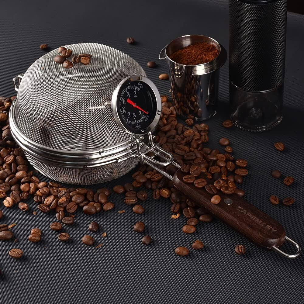 Sturdy Portable Coffee Roasting Mesh Pan with Long Handle & Built-In Thermometer