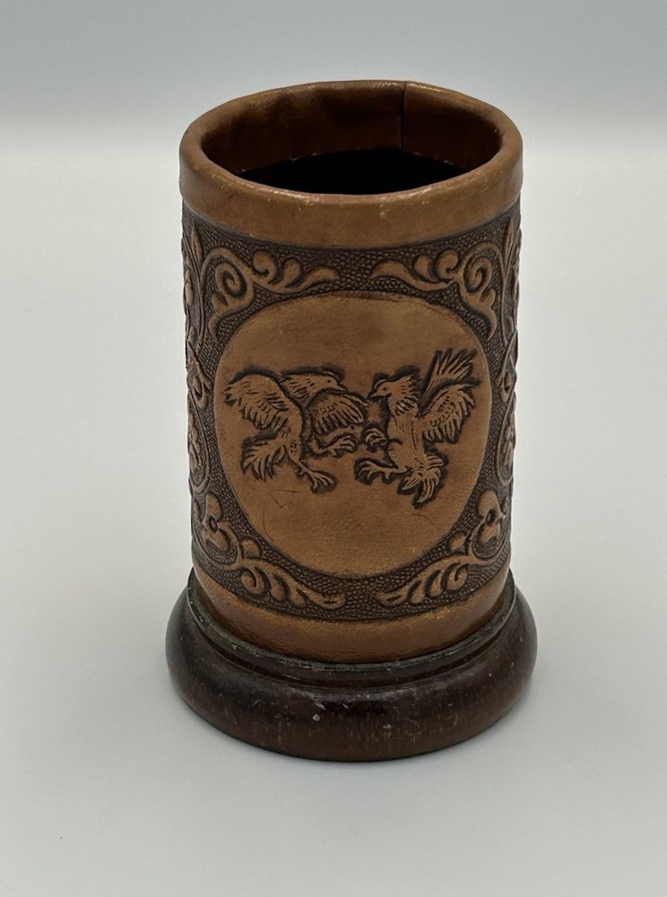 VTG  Leather Dice Cup Embossed Roosters And Roses