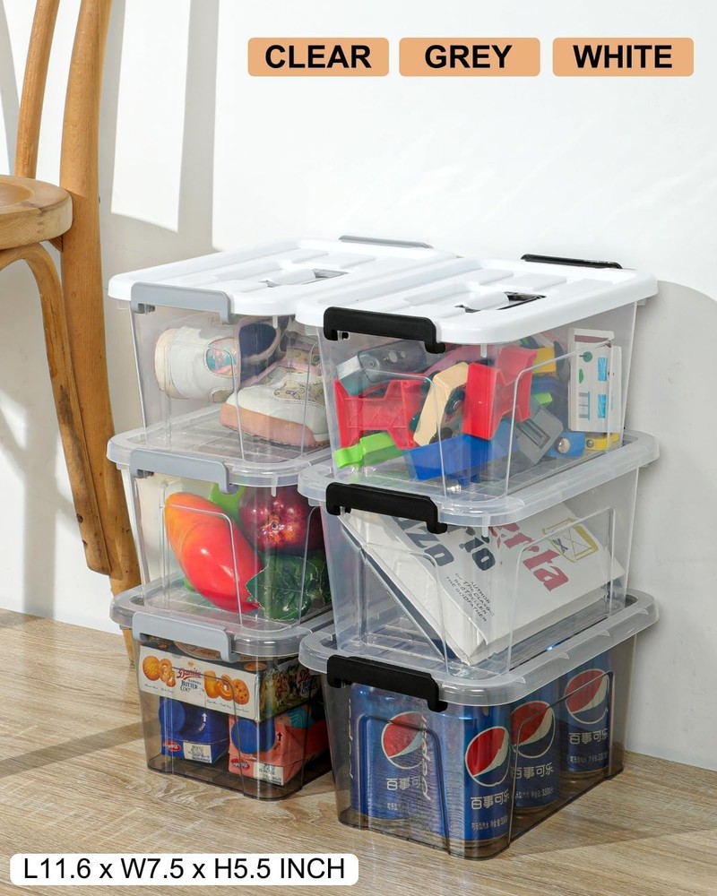 Transparent Stackable Storage Bins 7 Quart, 6 Pack with Handles - Home Organizer