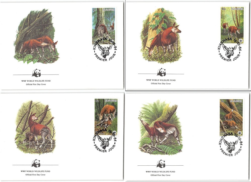 Zaire #1168-71 Four WWF FDC's, panda logo, 1984