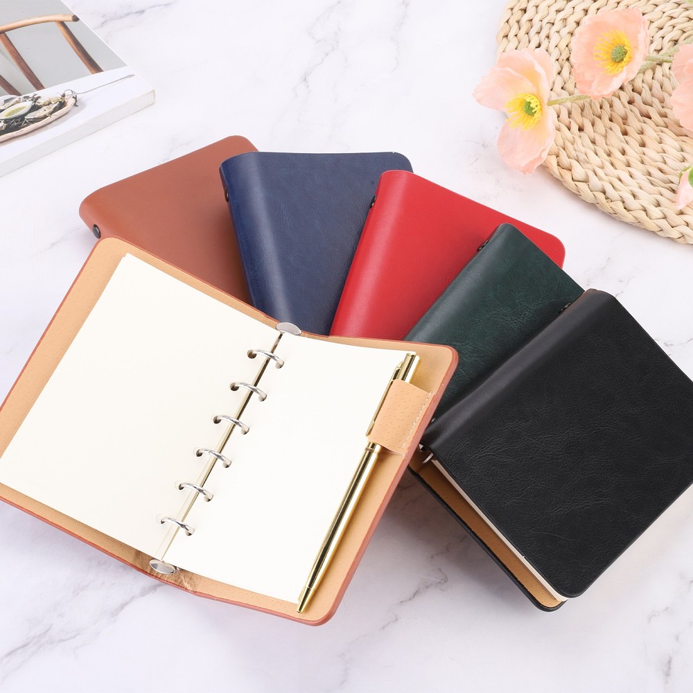 6 Ring Binder Cover 2pcs A7 Leather Notebook Binder with 100 Sheets Paper Orange