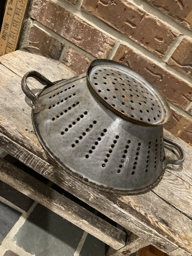 Early Granite Ware Strainer Colander Two Handled Primitive