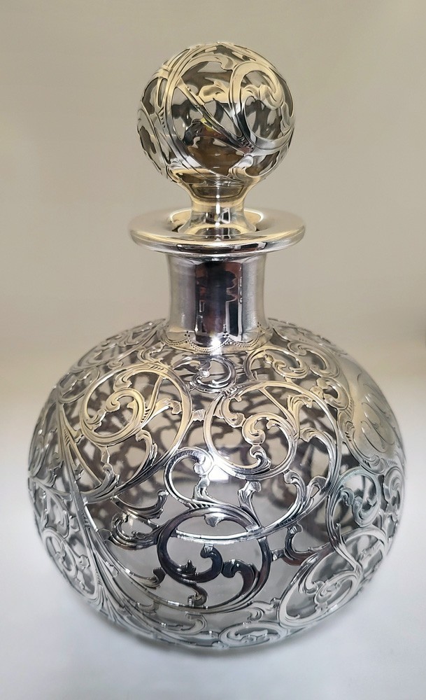 CLEAR SILVER OVERLAY CLARET / BOTTLE / PERFUME, MAKER: ALVIN, 8"
